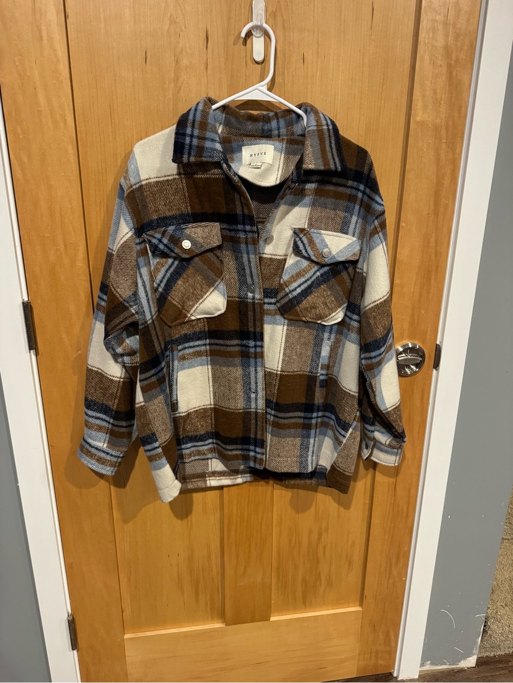 HYFVE Brown Cream & Blue Plaid Teddy Shacket